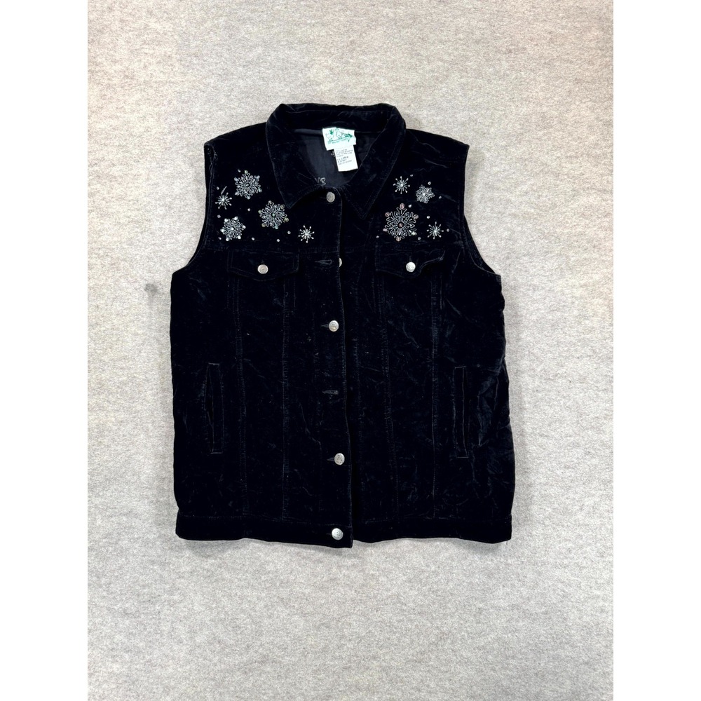 Quacker Factory Velvet Vest Womens Large Black Snowman Capture The Magic Holiday